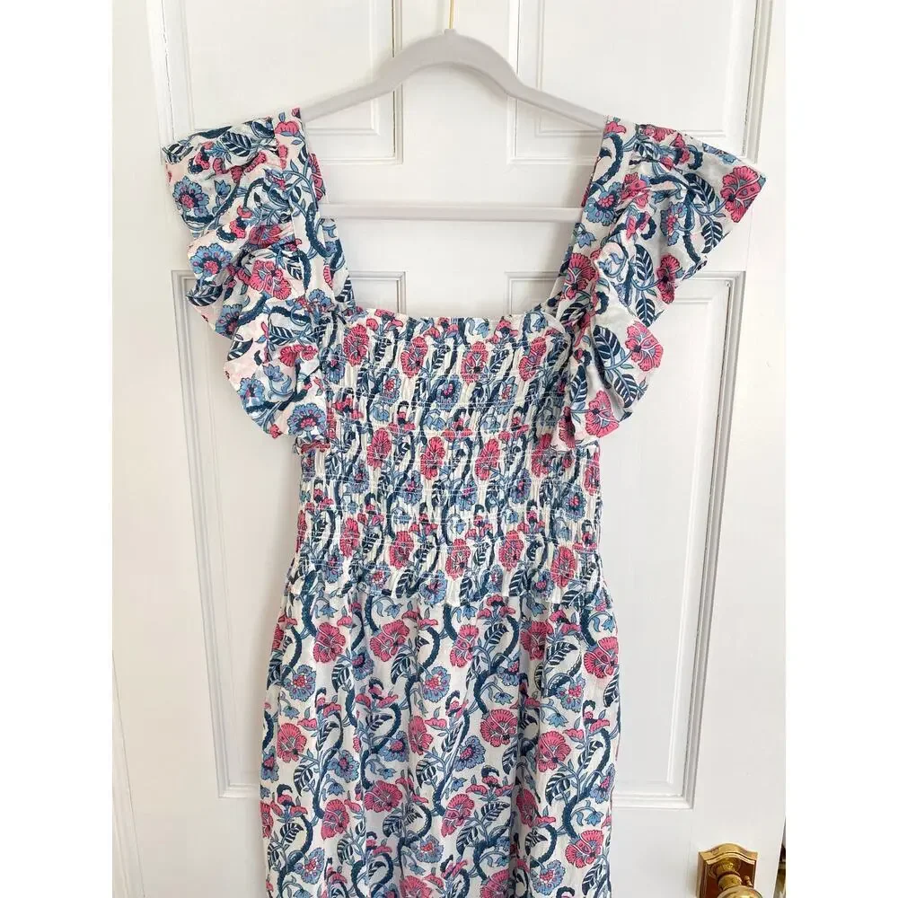 ANNA CATE Giselle Dress Blue Pink Floral Block Print Ruffle Smocked Maxi - Picture 4 of 8
